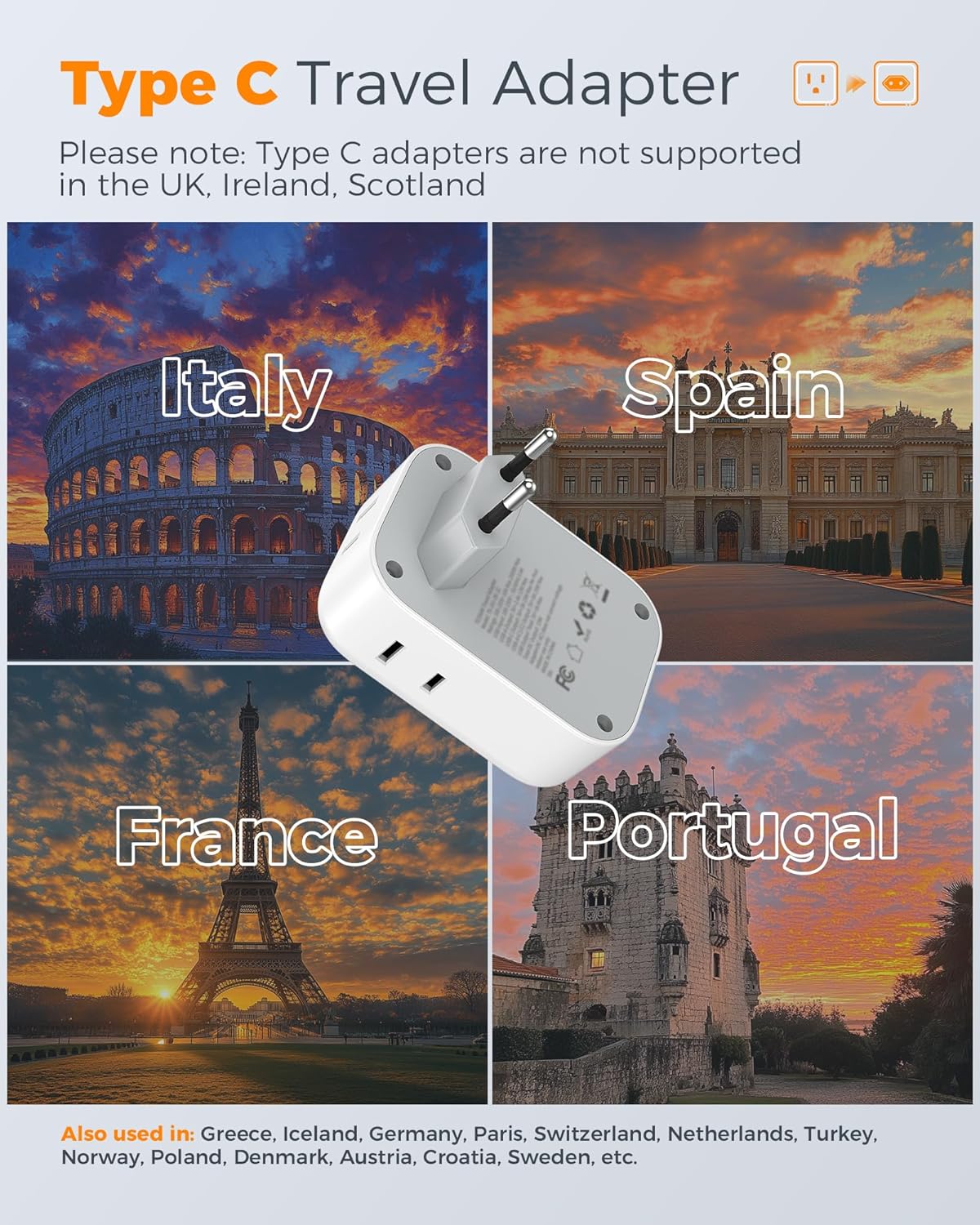 European Travel Plug Adapter USB C, TESSAN International Plug Adapter with 4 AC Outlets 3 USB Charging Ports, Type C Europe Power Adaptor for US to EU France Germany Iceland Spain Italy