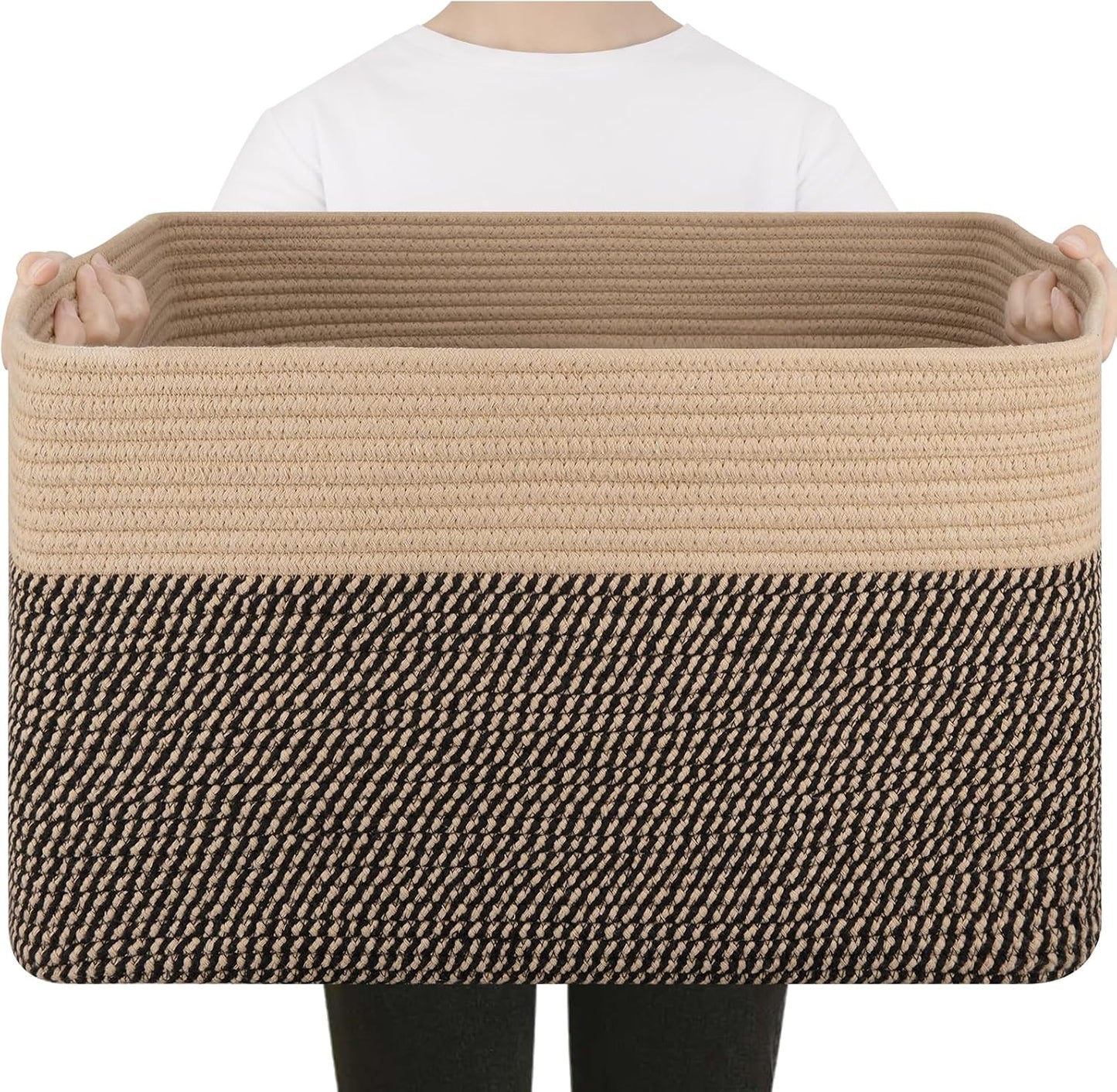 75L Large Cotton Rope Basket, Soft Toy Storage Bin for Nursery & Living Room, Decorative Blanket Basket for Bedroom, Baby-Safe Organizer for Pillows &Laundry, 22''×17''×12'', Brown & Black