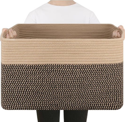 75L Large Cotton Rope Basket, Soft Toy Storage Bin for Nursery & Living Room, Decorative Blanket Basket for Bedroom, Baby-Safe Organizer for Pillows &Laundry, 22''×17''×12'', Brown & Black