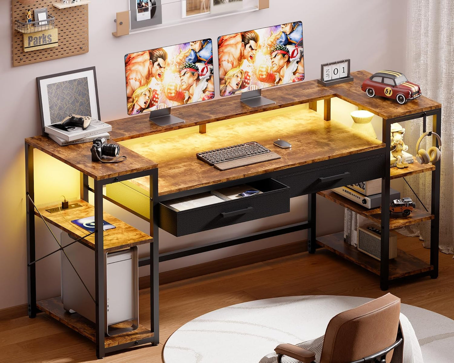 Pamray 58 Inch Computer Desk with Monitor Stand and Shelves Gaming Desk with LED Lights & Power Outlets PC Vanity Table with 2 Drawers for Home Office Vintage