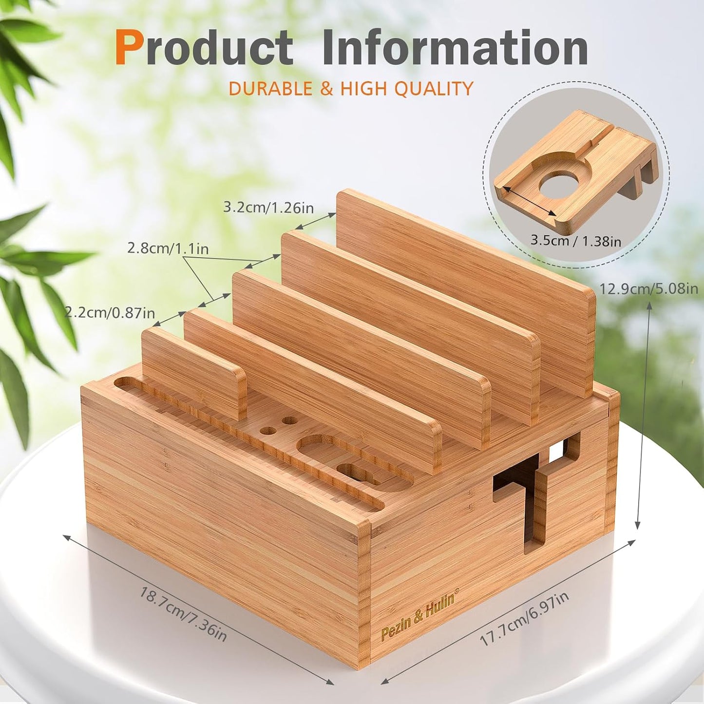 Pezin & Hulin Bamboo Charging Station for Multiple Devices with 5-Port HUB | Desktop Organizer, Wooden Docking Stations, All-in-1 Bamboo Dock Rack for Phones, Tablets, Watch–with 5 Cables
