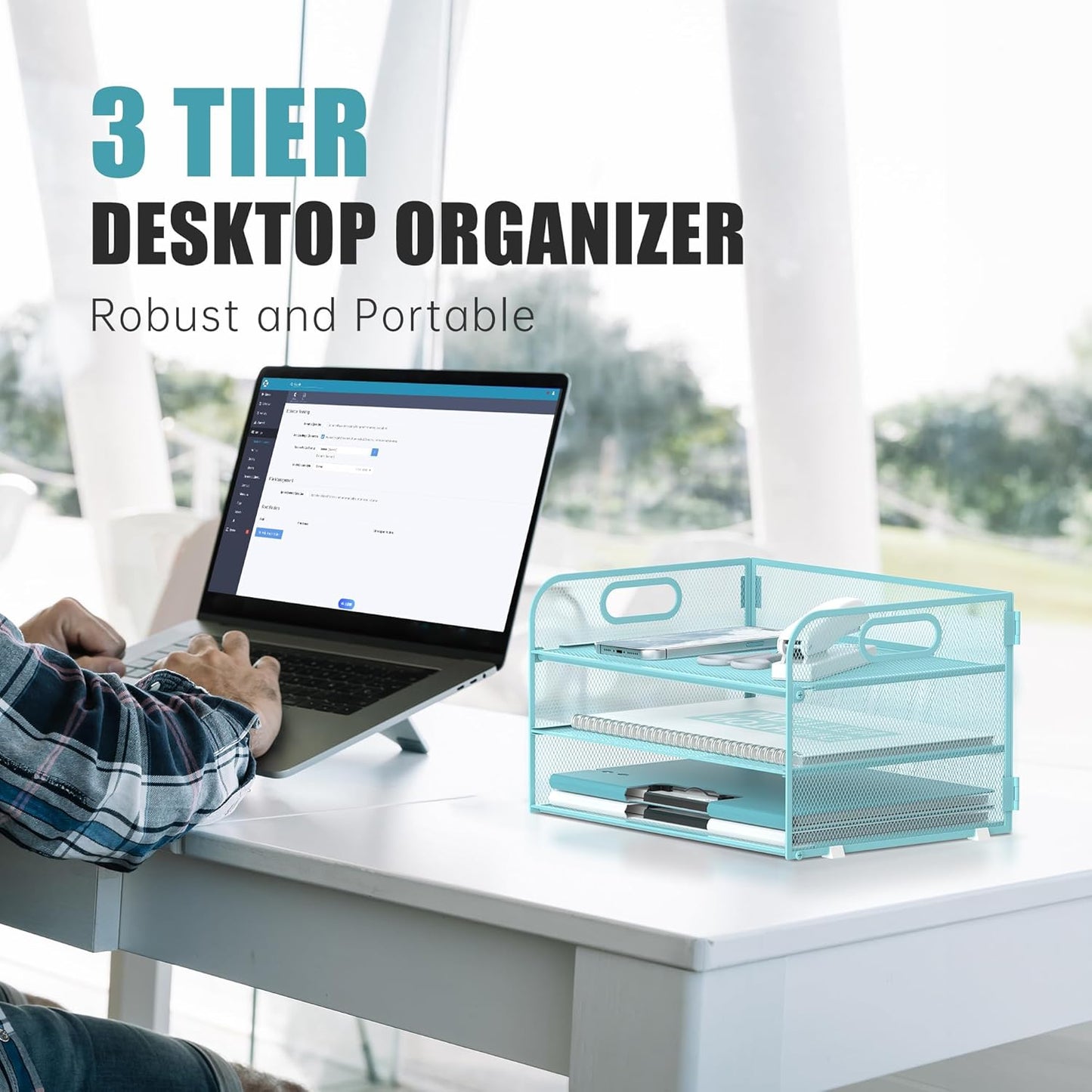 DALTACK 3 Tier Paper Organizer with Handle, Mesh Metal Desk Organizer with Sliding Paper Trays for Letter/A4 Paper, Mail, Bills & Folders, Blue