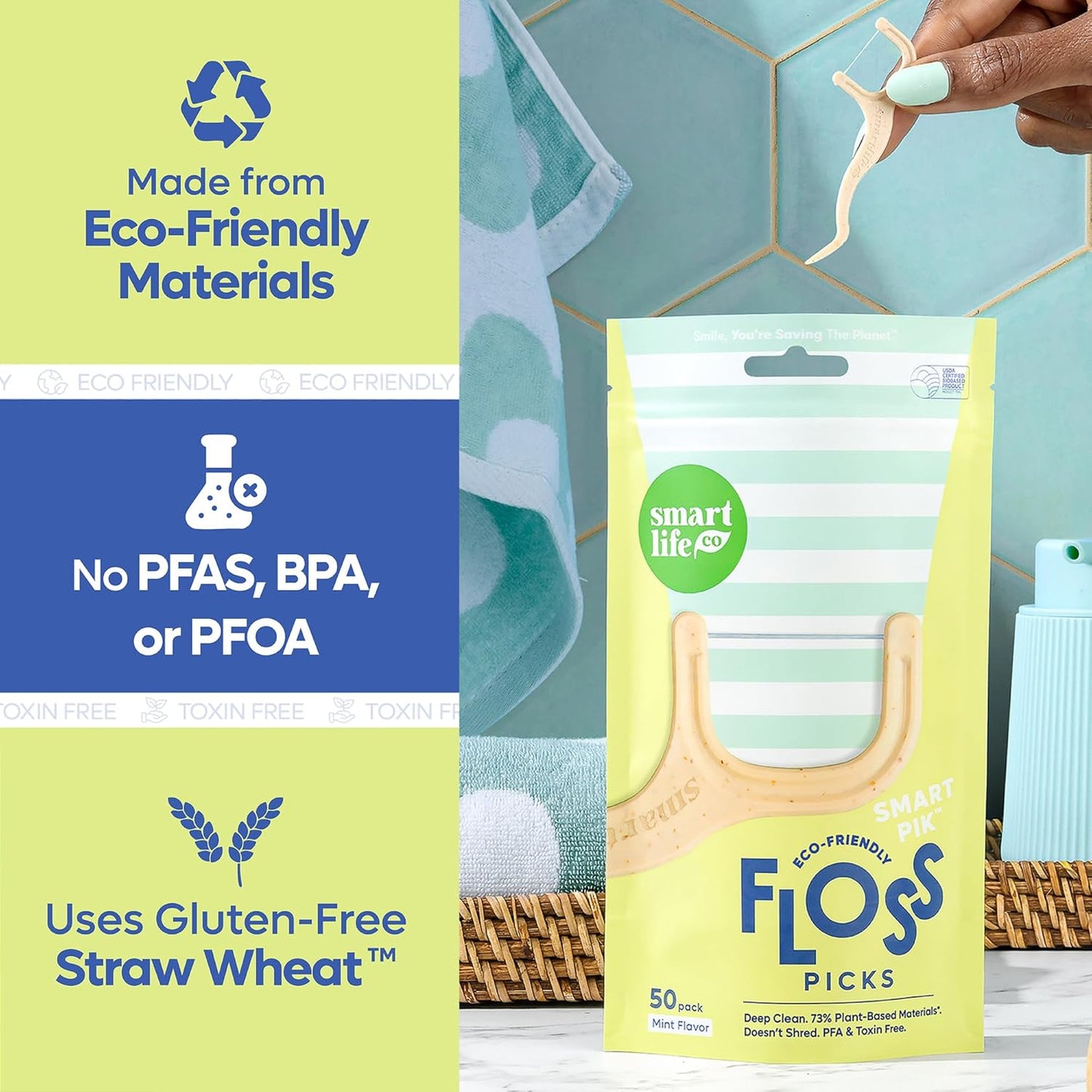 SmartLifeco Eco-Friendly Dental Floss Picks (200ct) - Flossers Made with Straw Wheat Blend, Superior Anti-Shred Thread for Tight Gaps, Tooth Pick Stick for Adults, Soft on Gum & Teeth, Vegan, Mint