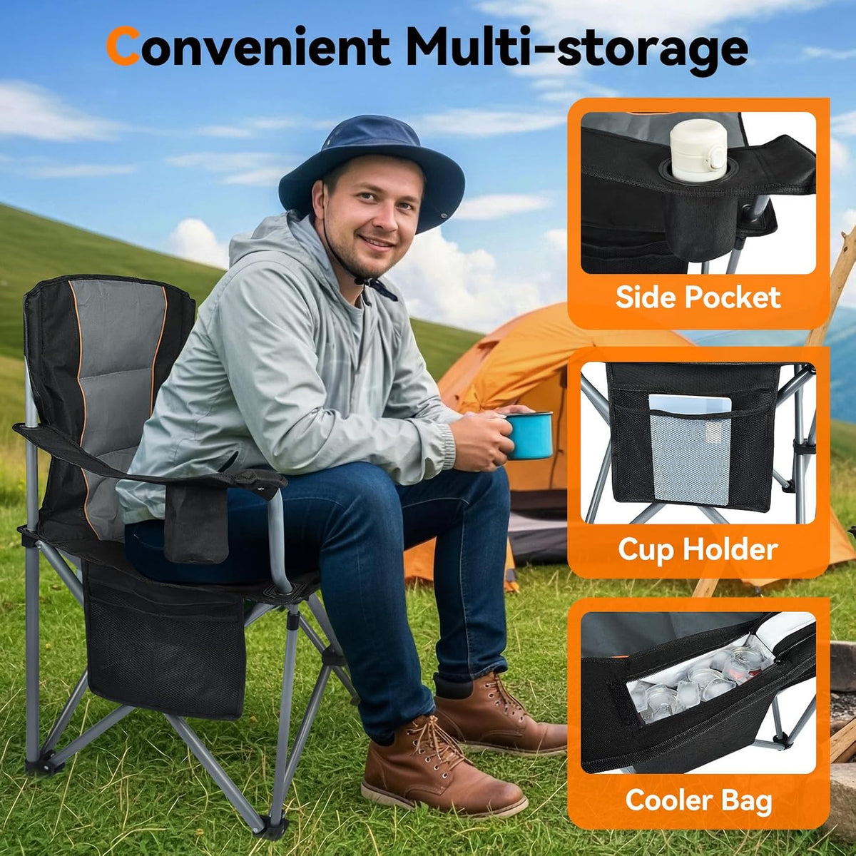 Camping Chairs, 2 Pack Oversized Heavy Duty Fully Padded Outdoor Folding Chairs with Cup Holder, Cooler Bag and Side Pocket, Support 400 LBS, Carry Bag Included, Versatile for Sports,Outdoors & Lawns