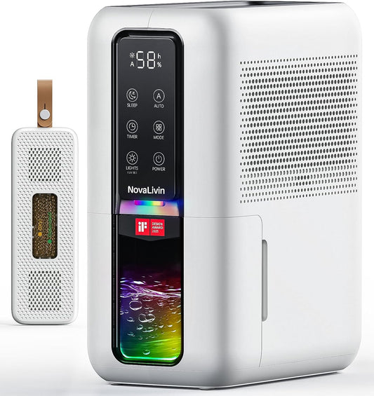 Dehumidifier for Home, Dehumidifiers for Bathroom, Bedroom, Living room, Closet with 68 OZ Water Tank, Moisture Absorbers, Auto Shut Off, Auto Humidity Control, 7 Colors LED Light, Black and White