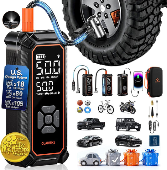 OlarHike Cordless Tire Inflator Portable Air Compressor, Dual Power - 6000mAh & 12V DC, Air Pump for Car Tires, Bike, Motorcycle, with Luxurious Storage Case, Car Gifts