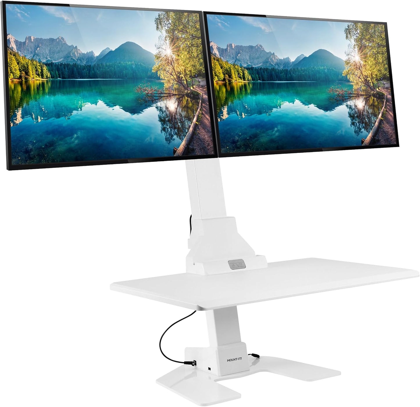 Mount-It! Electric Standing Desk Converter, Motorized Sit Stand Desk Riser with Dual Monitor Mounts, Adjustable Height Ergonomic Workstation with 28” Wide Platform and Tablet/Phone Slot, White