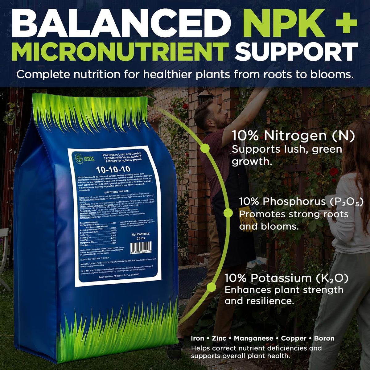 Supply Solutions 10-10-10 Complete Lawn & Garden Granular Fertilizer with Micronutrients – Balanced NPK Plant Food for Soil Health, Blooms & Roots – Safe for Vegetables, Fruits, Lawns (25 Pounds)
