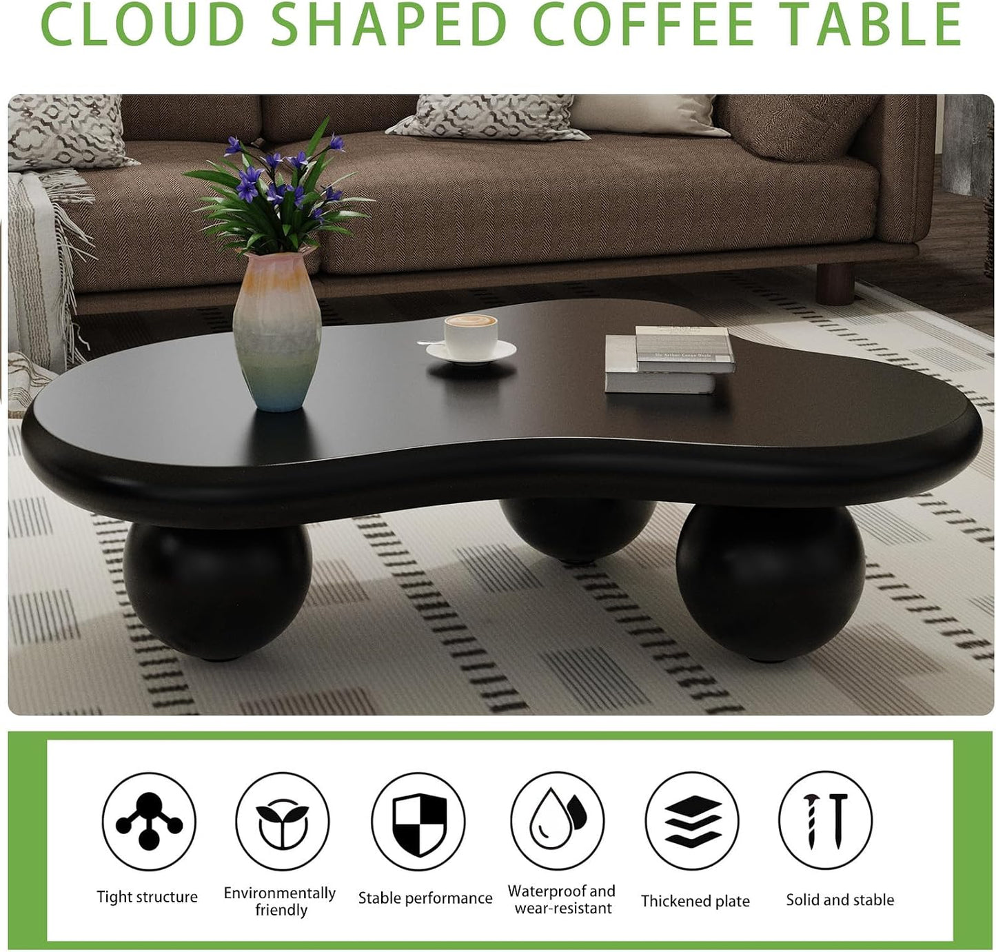 Cloud Coffee Table (E Brown) | Cute Irregular Tea Table with Large Tabletop, Cloud Shape Modern Accent Cocktail Table for Living Room, Office, Home Decor