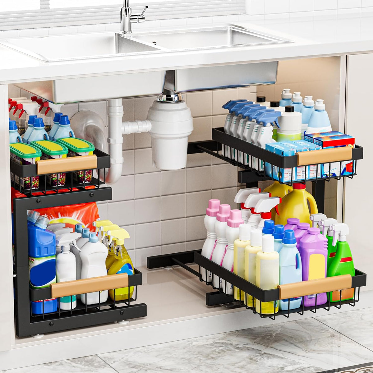 ADBIU 2 Pack Under Sink Organizers and Storage, Height Adjustable 2-Tier Pull Out Cabinet Organizer, Heavy Duty Slide Out Sink Shelf Drawer for Kitchen Bathroom Organization