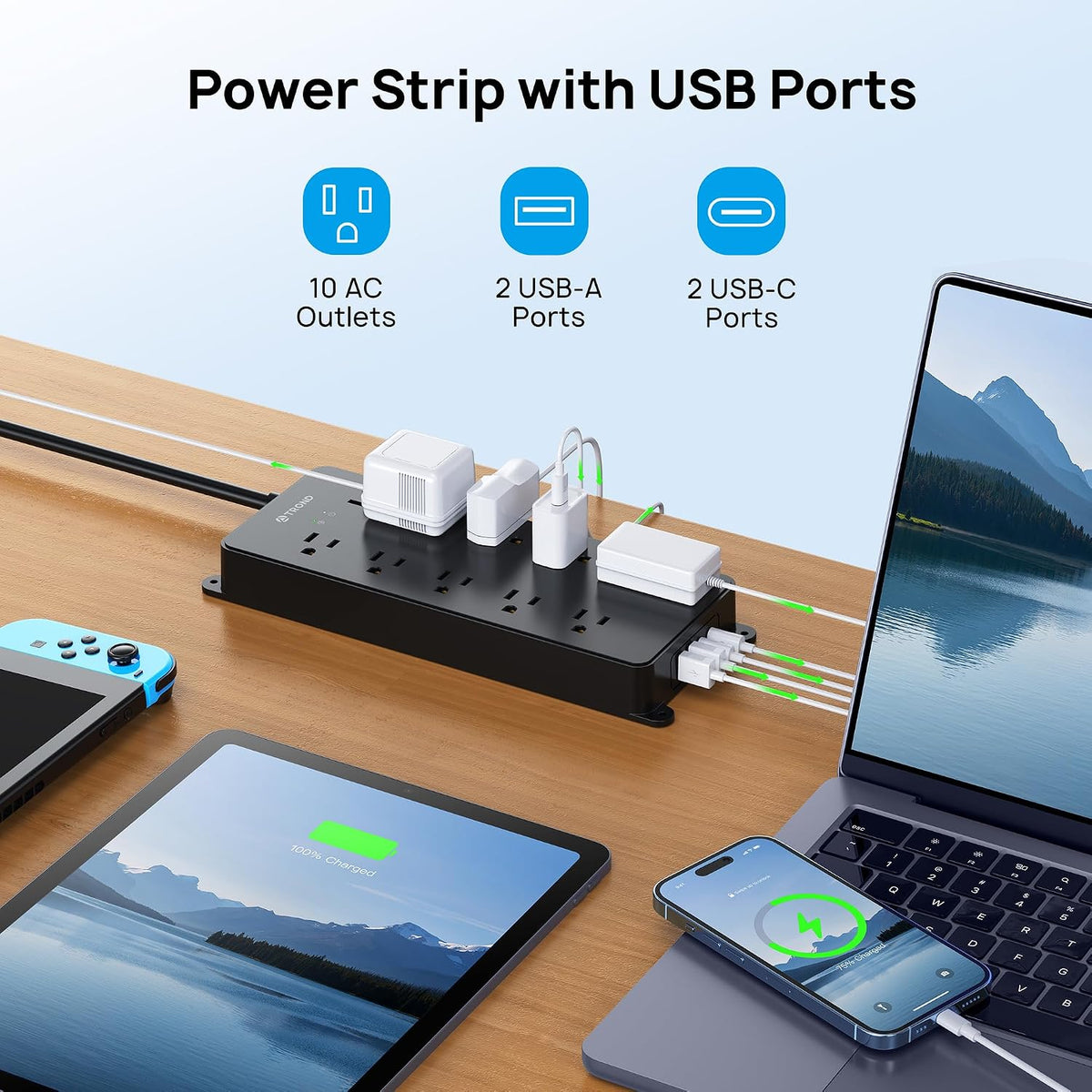 TROND Surge Protector Power Strip 10ft, 4000J, ETL Listed