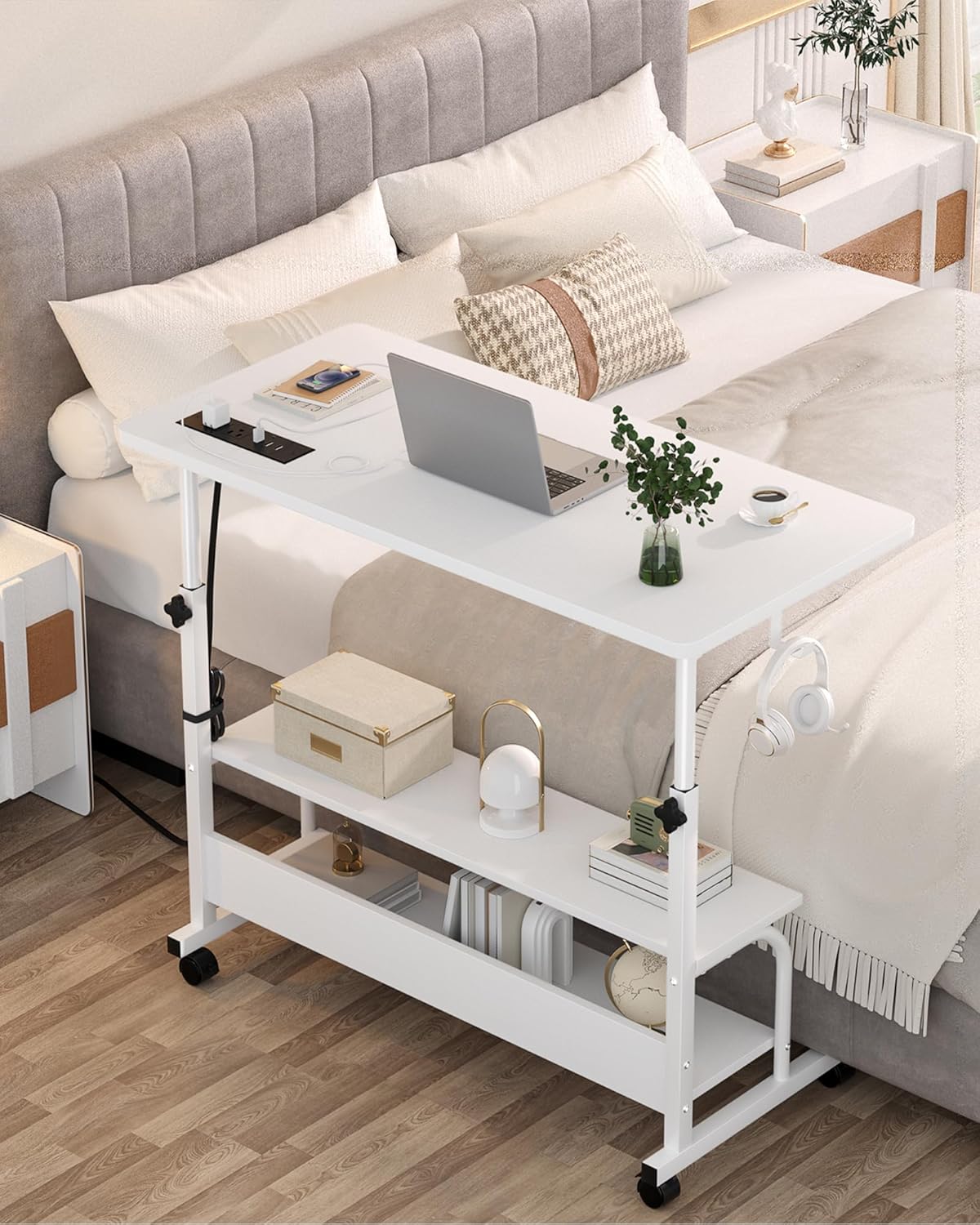 Armocity Rolling Standing Desk with Charging Station, Portable Height Adjustable Mobile Computer Desk with Wheels & 2-Tier Shelves & Hooks, Easy Assembly Laptop Table for Couch Bed, 32" White