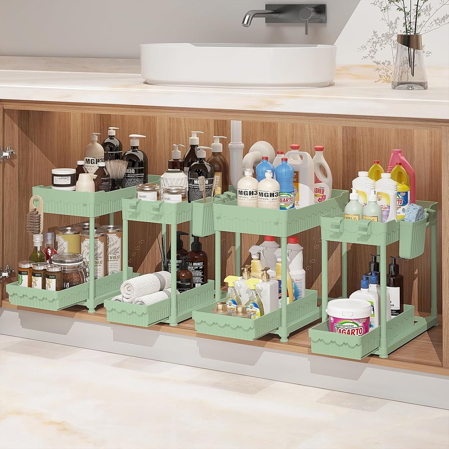 Sevenblue Under Sink Organizer, Bathroom Organizers and Storage, 2 Tier Multi-Use Pull Out Cabinet Organizer with Hang Hooks and Cups (Green, 4 Pack)