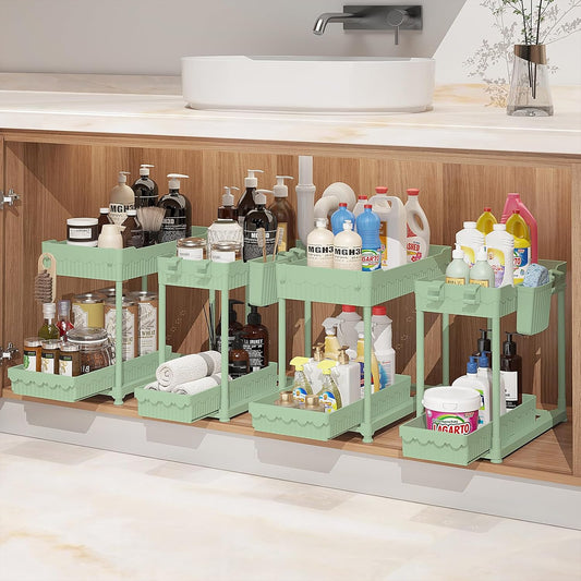 Sevenblue Under Sink Organizer, Bathroom Organizers and Storage, 2 Tier Multi-Use Pull Out Cabinet Organizer with Hang Hooks and Cups (Green, 4 Pack)