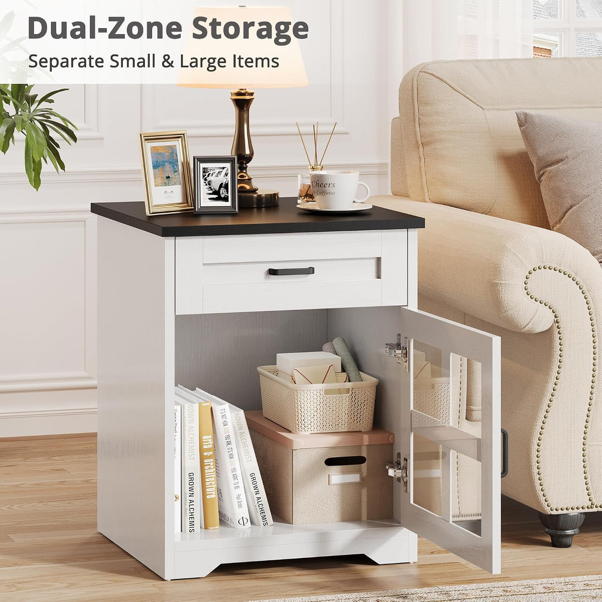 Farmhouse 18'' End Table, Narrow Sofa Side Table with Drawer and Barn Door, Wooden Nightstand Storage Cabinet for Living Room and Bedroom