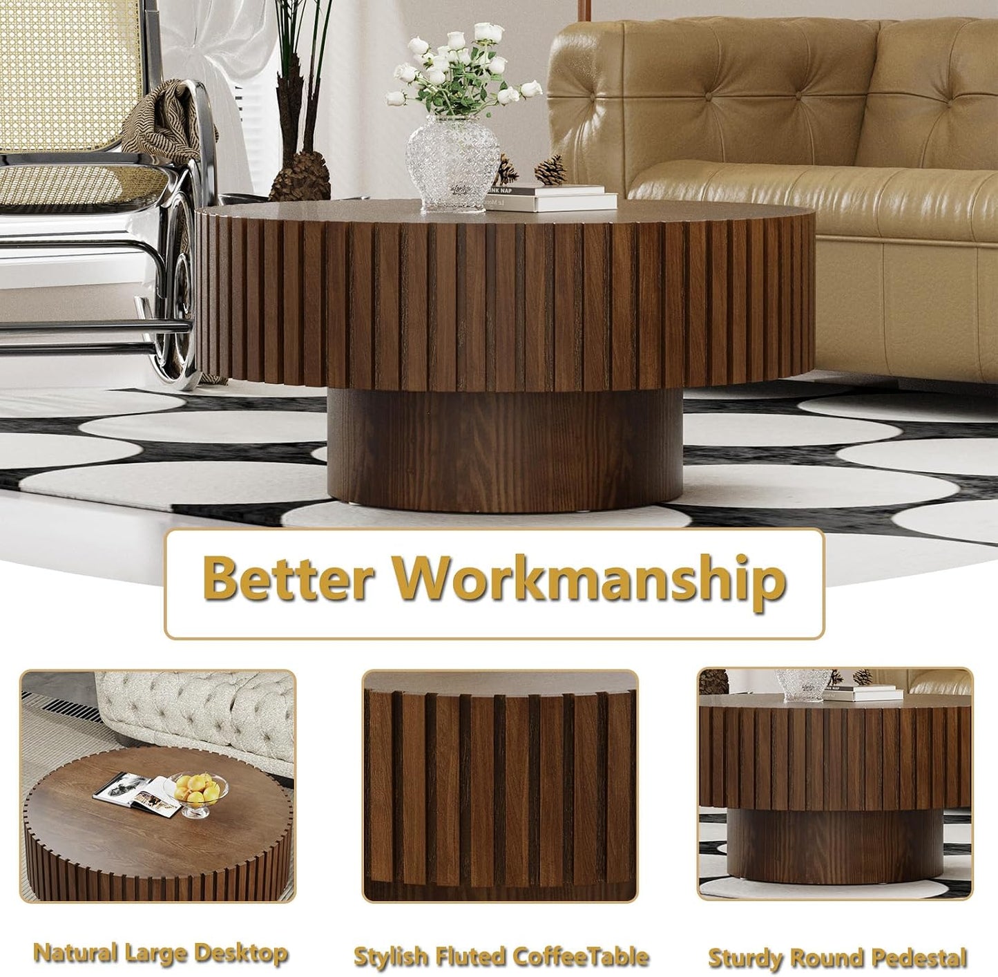 Mid Century Modern Round Fluted Coffee Table (J) | Handcraft Drum Coffee Table, Sturdy Pedestal, Wood Veneer Top, for Living Room Reception Room Farmhouse