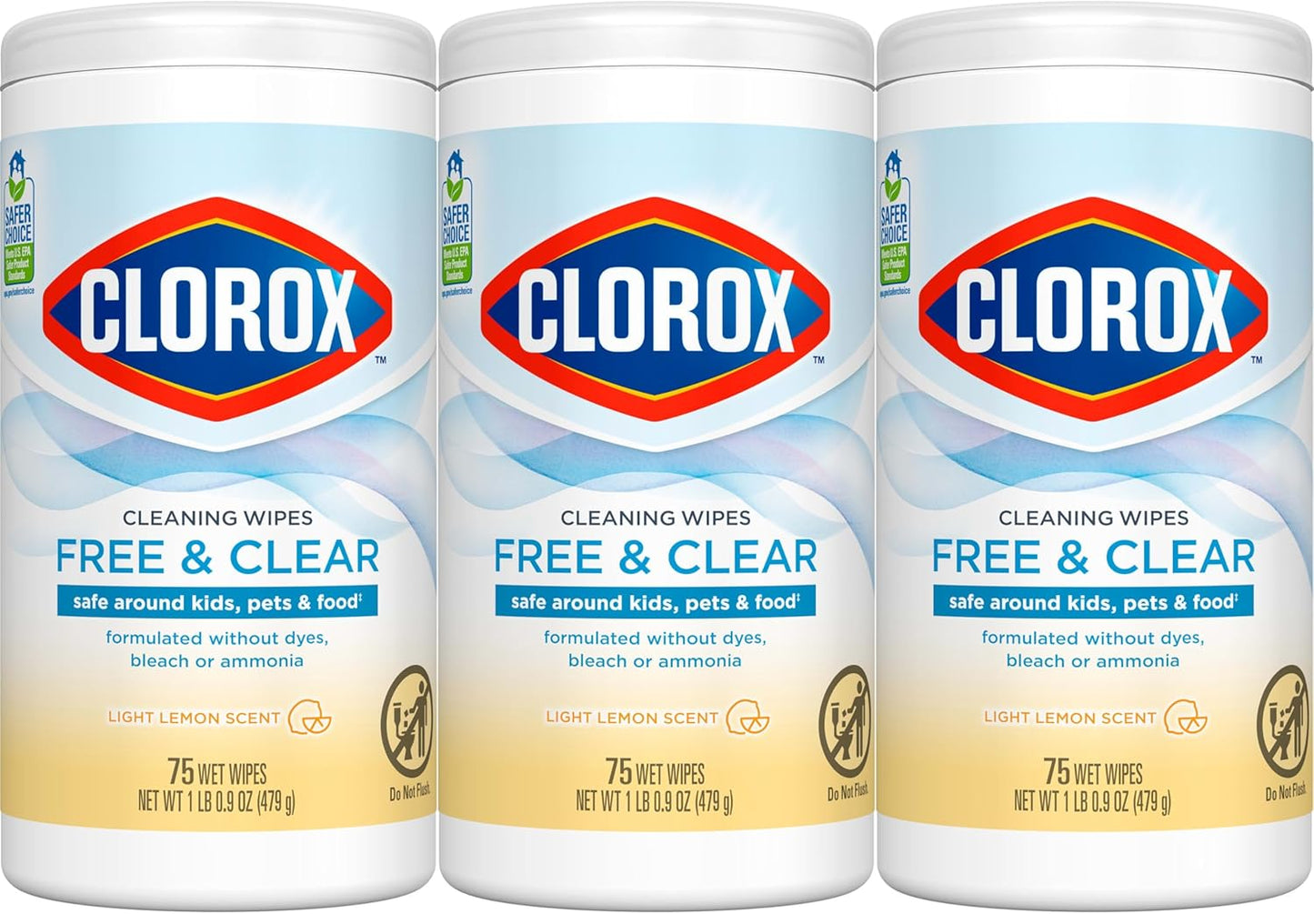 Clorox Free & Clear Cleaning Wipes, Light Lemon Scent, 75 Count, Pack of 3 (Pack May Vary)