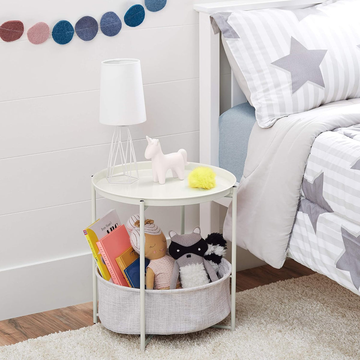 Amazon Basics Round Storage End Table, Nightstand with Cloth Basket, Bedside Table, White/Heather Gray, 17.7" L x 17.7" W x 18.9" H