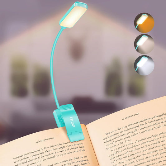 Gritin 9 LED Rechargeable Book Light for Reading in Bed - Eye Caring 3 Color Temperatures,Stepless Dimming Brightness,80 Hrs Runtime Small Lightweight Clip On Book Reading Light for Studying -Blue