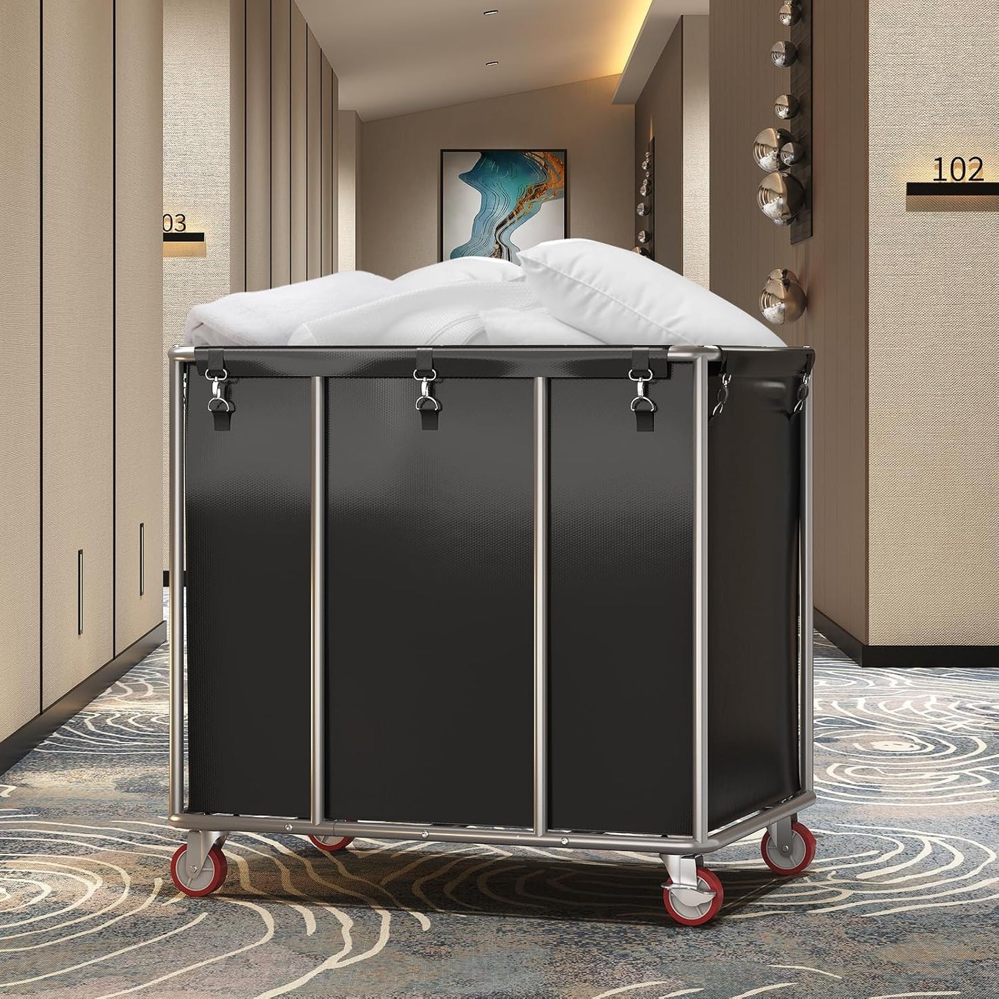 ELYKEN Commercial Laundry Cart with Wheels, 420L Heavy Duty Rolling Laundry Hamper, Large Laundry Basket with Removable Waterproof Liner Bag, Sturdy Steel Frame, 400 lbs Capacity, Black