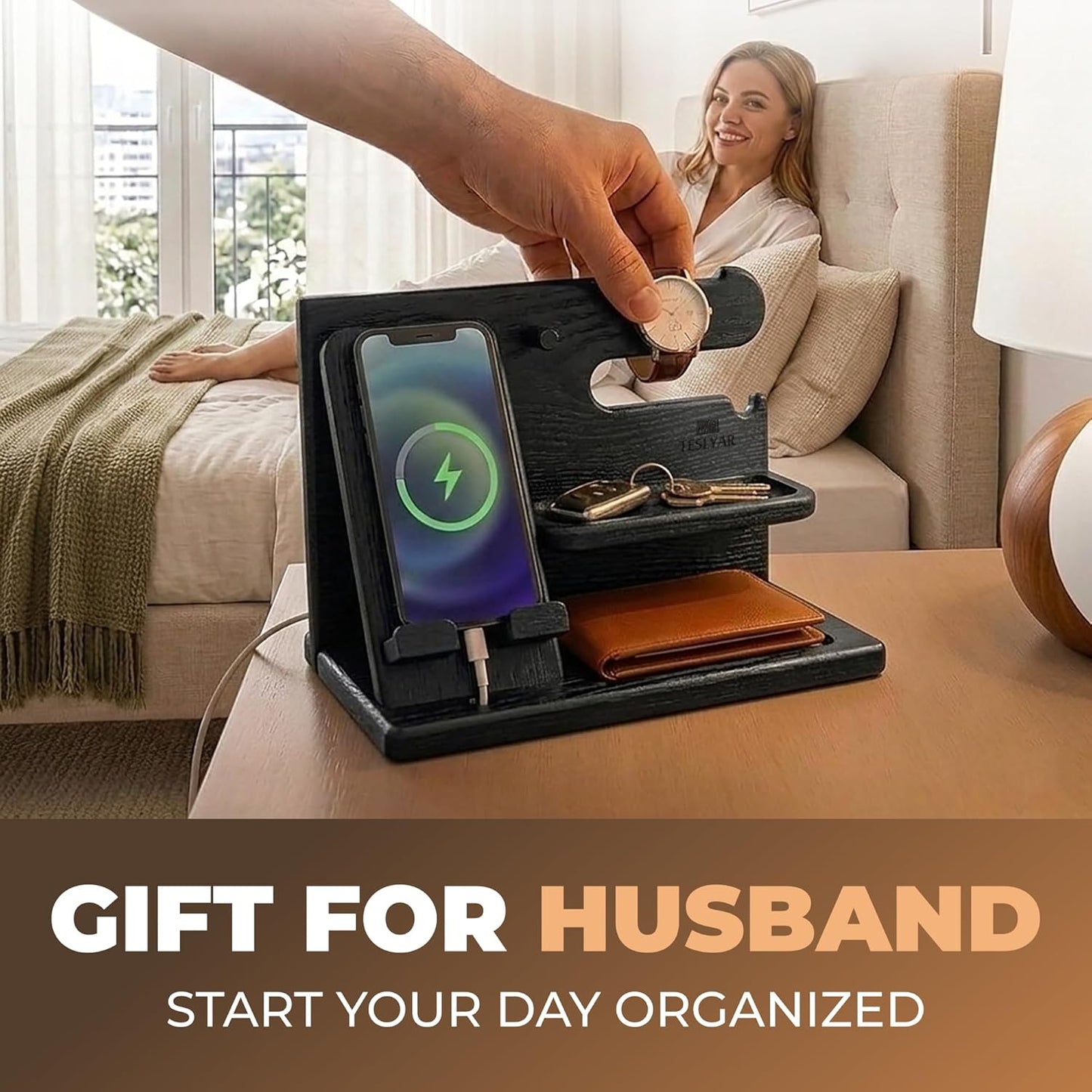 TESLYAR Wood Phone Docking Station for Men - Desk or Nightstand Organizer - Birthday Gifts for Husband, Dad - Anniversary Idea from Wife - Key Holder, Stand Wallet, Watch & Essentials (Granite Black)
