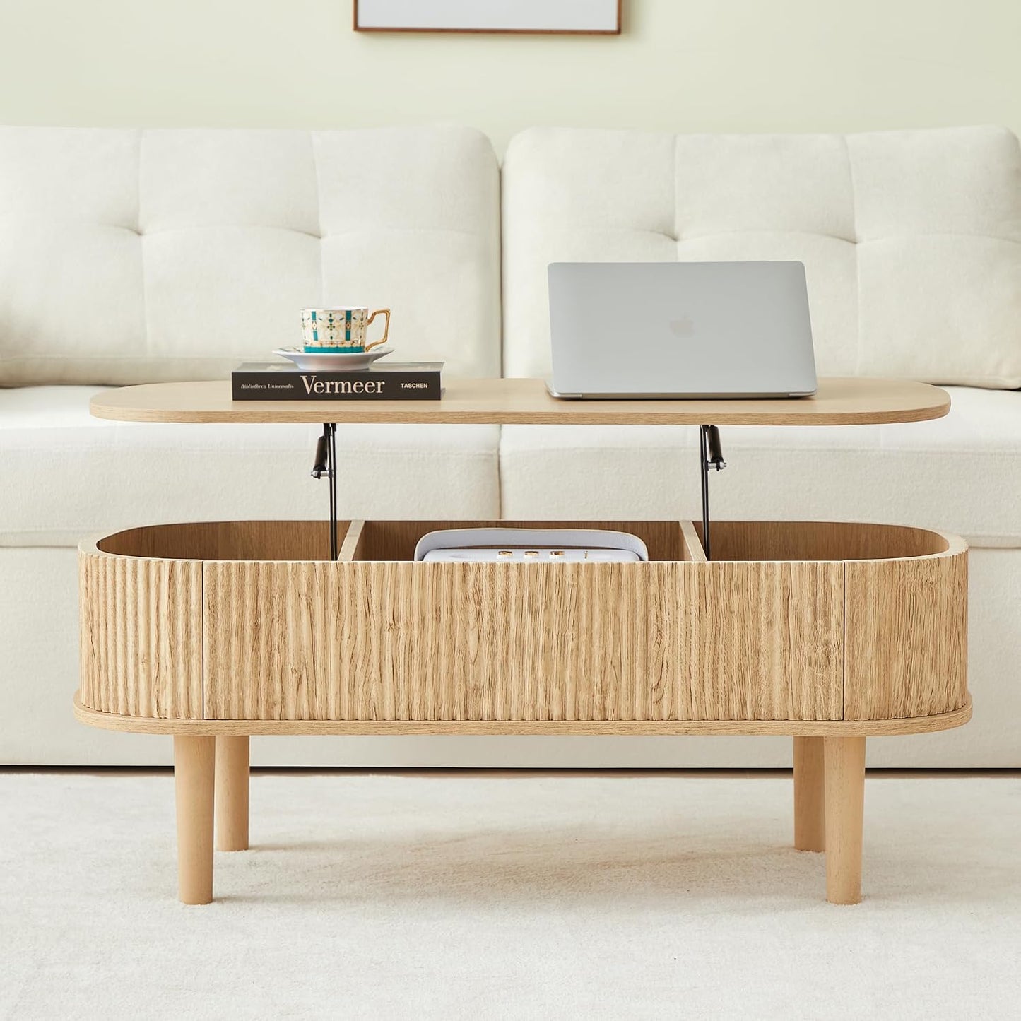 Fully Assembled Fluted Lift Top Coffee Table with Hidden Compartment, Wooden Center Table, Modern Oval Lift Tabletop for Home Living Room Office, Natural