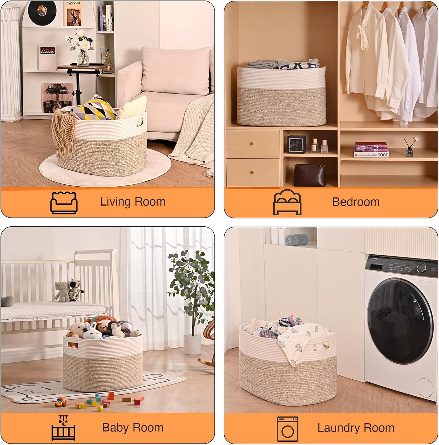 ICERZCZ Extra Large Blanket Basket for Living Room, Rectangle Woven Cotton Rope Storage for Blankets, Toys, Clothes, Shoes, 25”x16”x16”, Off White & Brown, 108L