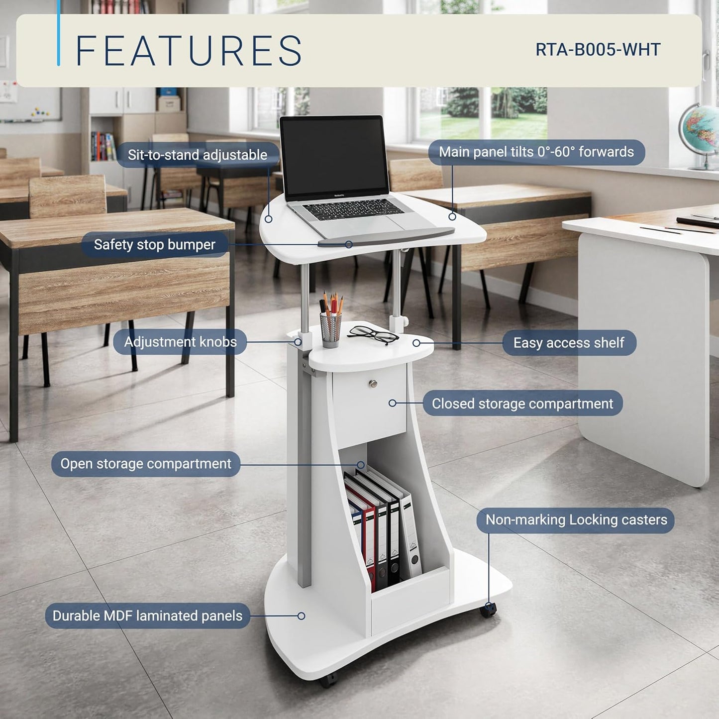 Adjustable Height Rolling Laptop Cart with Storage, Sit to Stand Desk with Wheels, Podium Stand or Medical Cart, White