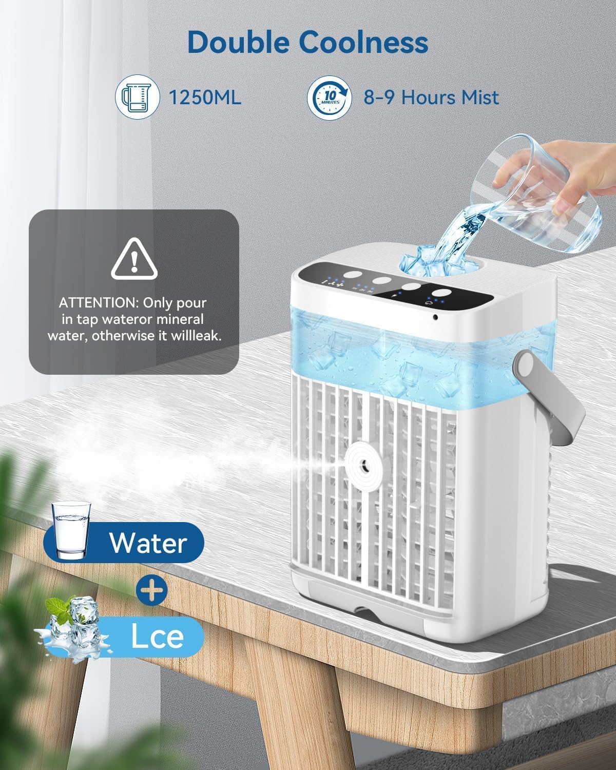 Portable Air Conditioners, 1250ml Mini Air Conditioner Portable Air Cooling Fan Air Cooler Fan with 3 Speeds & 1-3H Timer, Aire Acondicionado Portatil for Bedroom Room Office Desk