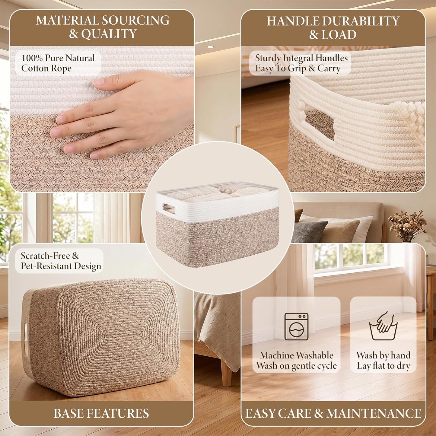 75L Large Cotton Rope Basket, Soft Toy Storage Bin for Nursery & Living Room, Decorative Blanket Basket for Bedroom, Baby-Safe Organizer for Pillows &Laundry, 22''×17''×12'', Brown and White