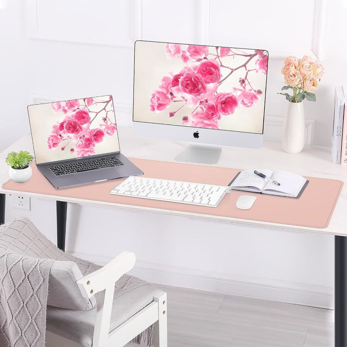 AFIING Large Desk Mat 47.2" x 17.5", Leather Desk Pad Protector with Natural Cork & PU Leather, Non-Slip Office Desk Mat, Double-Sided Mouse Pad, Waterproof Large Desk Pad for Office and Home (Pink)