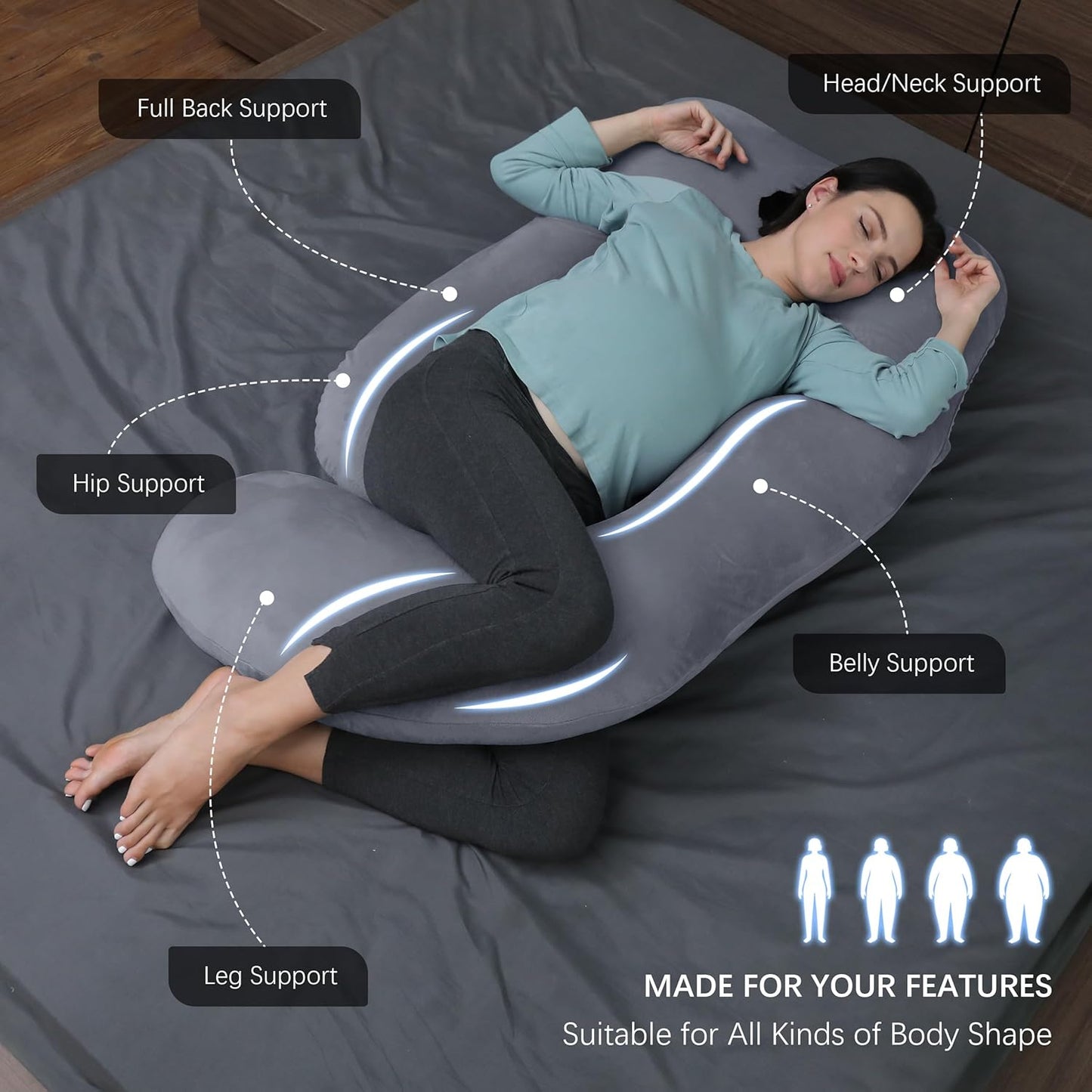 MOON PARK Pregnancy Pillows for Sleeping - U Shaped Full Body Maternity Pillow with Removable Cover - Support for Back, Legs, Belly, Hips - 57 Inch Pregnancy Pillow for Women - Dark Grey