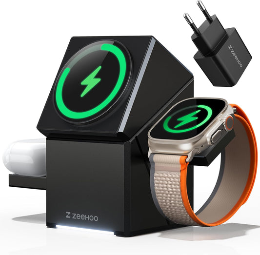 ZEEHOO 3 in 1 Charging Station, iPhone Charging Station for Apple MagSafe Charger, 15W Fast Wireless Charger, for Apple Watch, for iPhone 17,16 15,14,13,12 Series, AirPods (Black)
