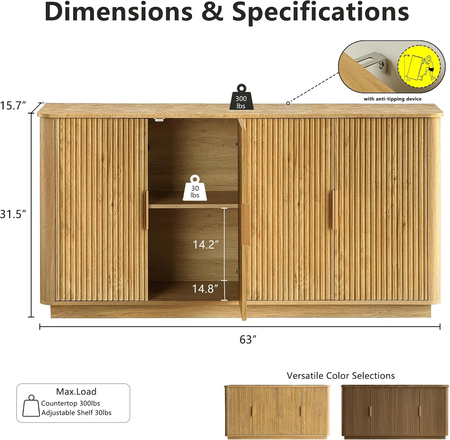 win2win 63" Fluted Sideboard Buffet Cabinet with Storage