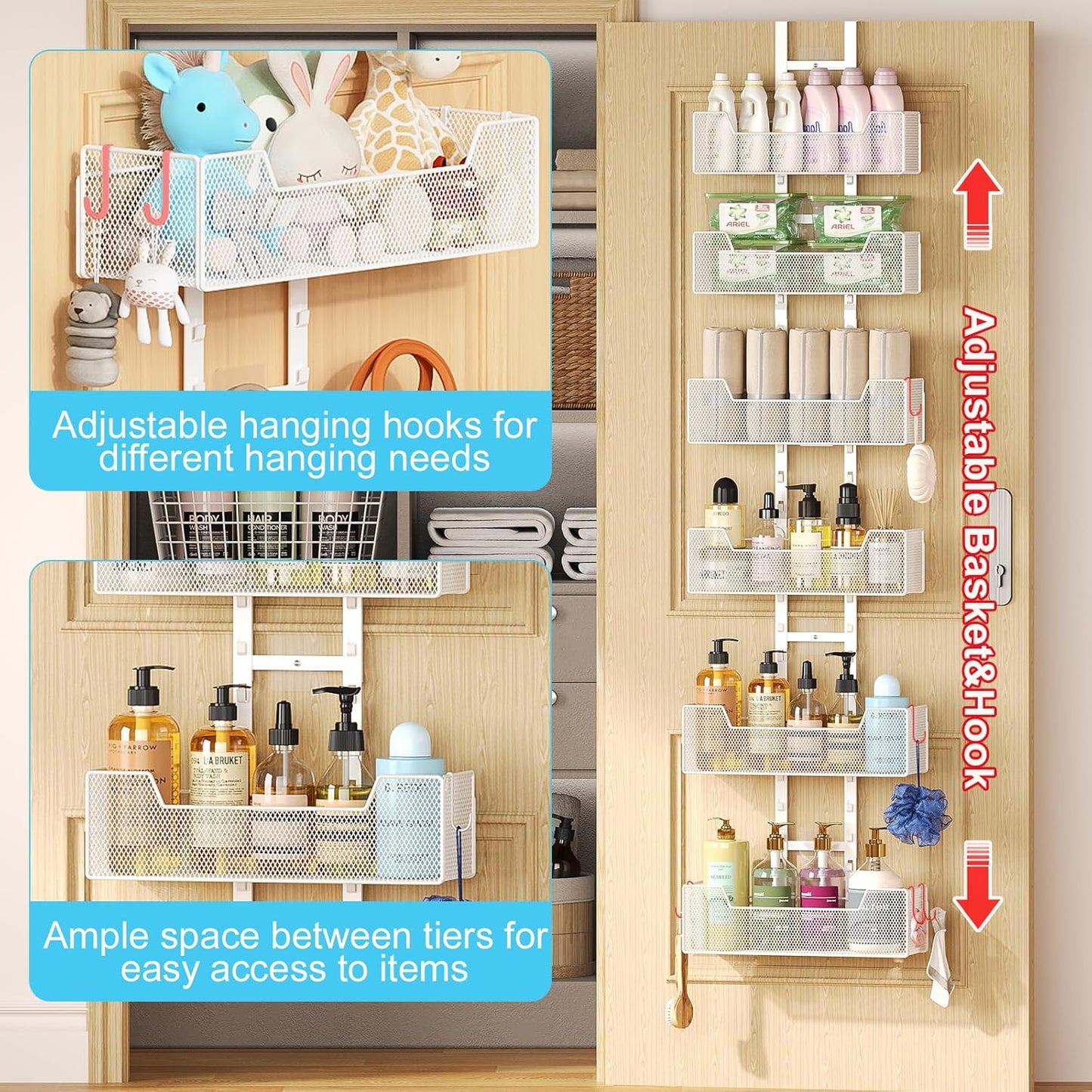 Hongtamoya Over The Door Organizer, Metal Hanging Door Organizer with 6 Adjustable Baskets and 5 Hooks, Behind The Door Storage for Closet Pantry Cabinet Kitchen Bathroom Bedroom, White