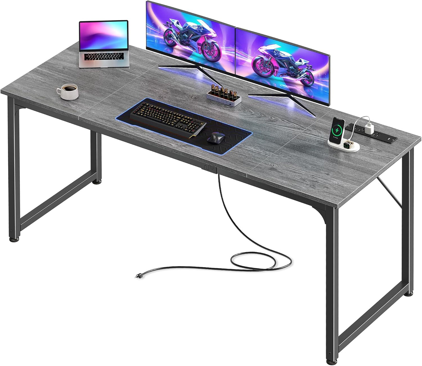 PRAISUN 63 X 24 Inch Office Computer Desk with Power Outlets and USB-C Port, Larger and Longer Gaming Desk, for Home Office, Study, Writing Work from Home Table, Metal Frame, Grey