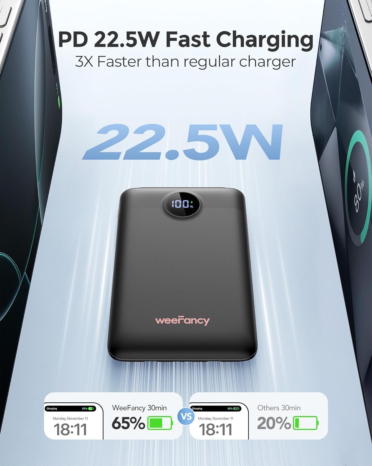 WeeFancy Mini Portable Charger with Built-in Cables—10000mAh 22.5W Fast Charging Power Bank,Smaller USB-C Battery Pack for iPhone,Samsung,Android,Flight&Travel-Friendly,TSA-Compliant