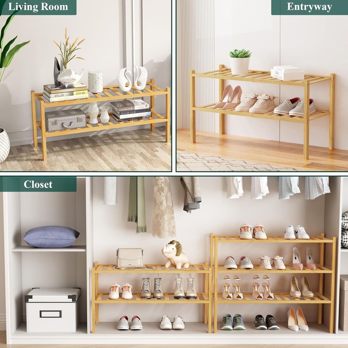 Smiry Bamboo Shoe Rack, 12 Vertical Slats, 2 Tier - 26.8" Wide, Natural