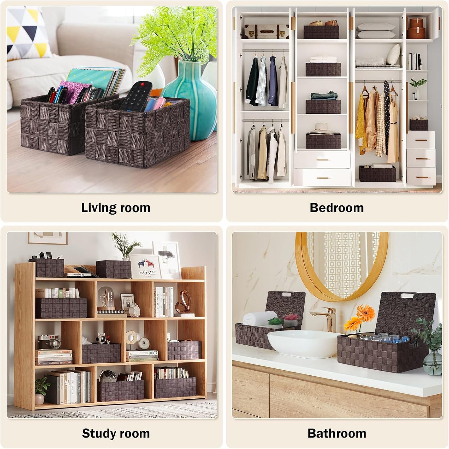 Storage Baskets with Lids: 5 Pack Stackable Woven Storage Bins, Brown