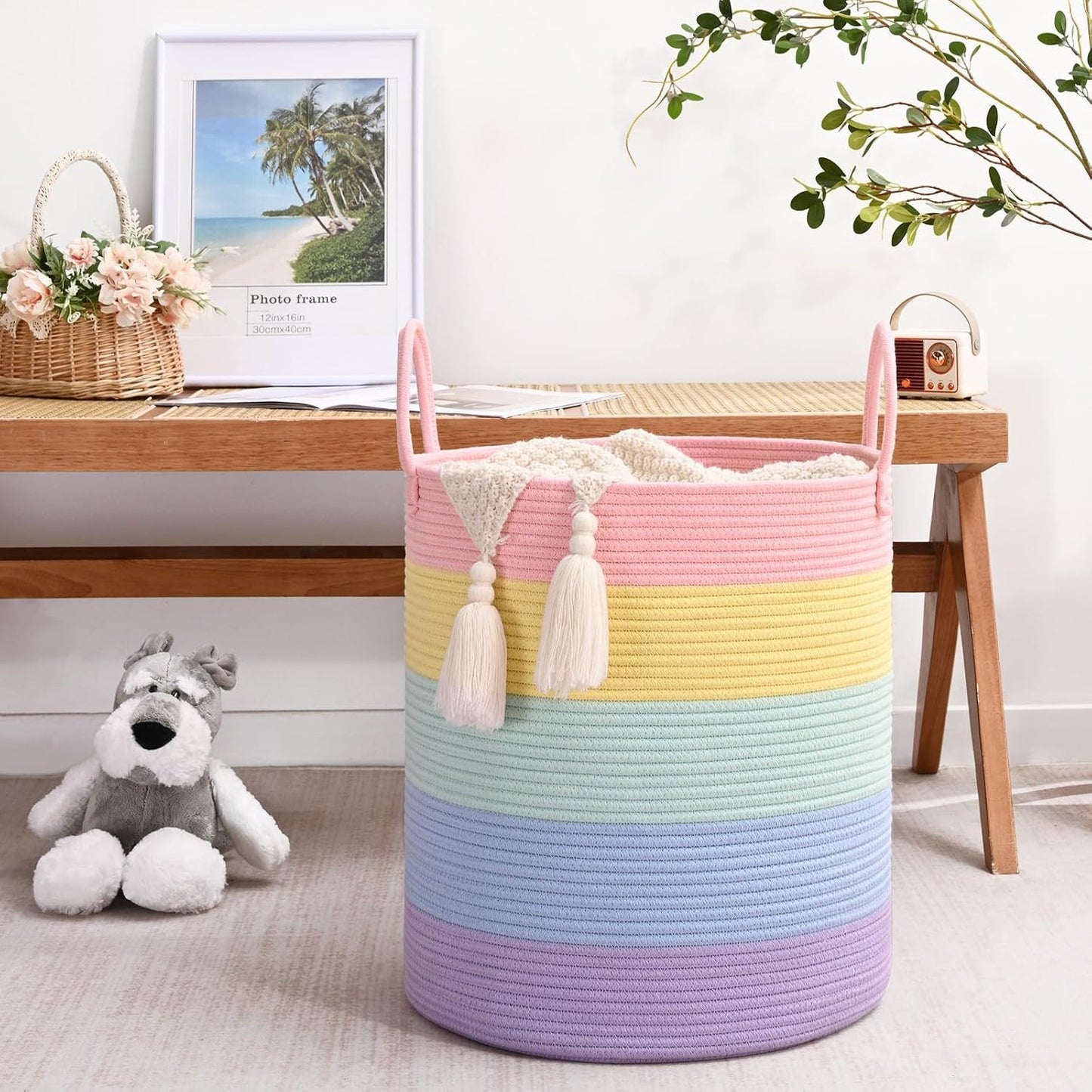 Laundry Hamper for Organizing, 52L Large Laundry Baskets, Cotton Rope Woven Blanket Basket, Collapsible Laundry Hamper for Living Room, Nursery, 15"×18", Light Rainbow