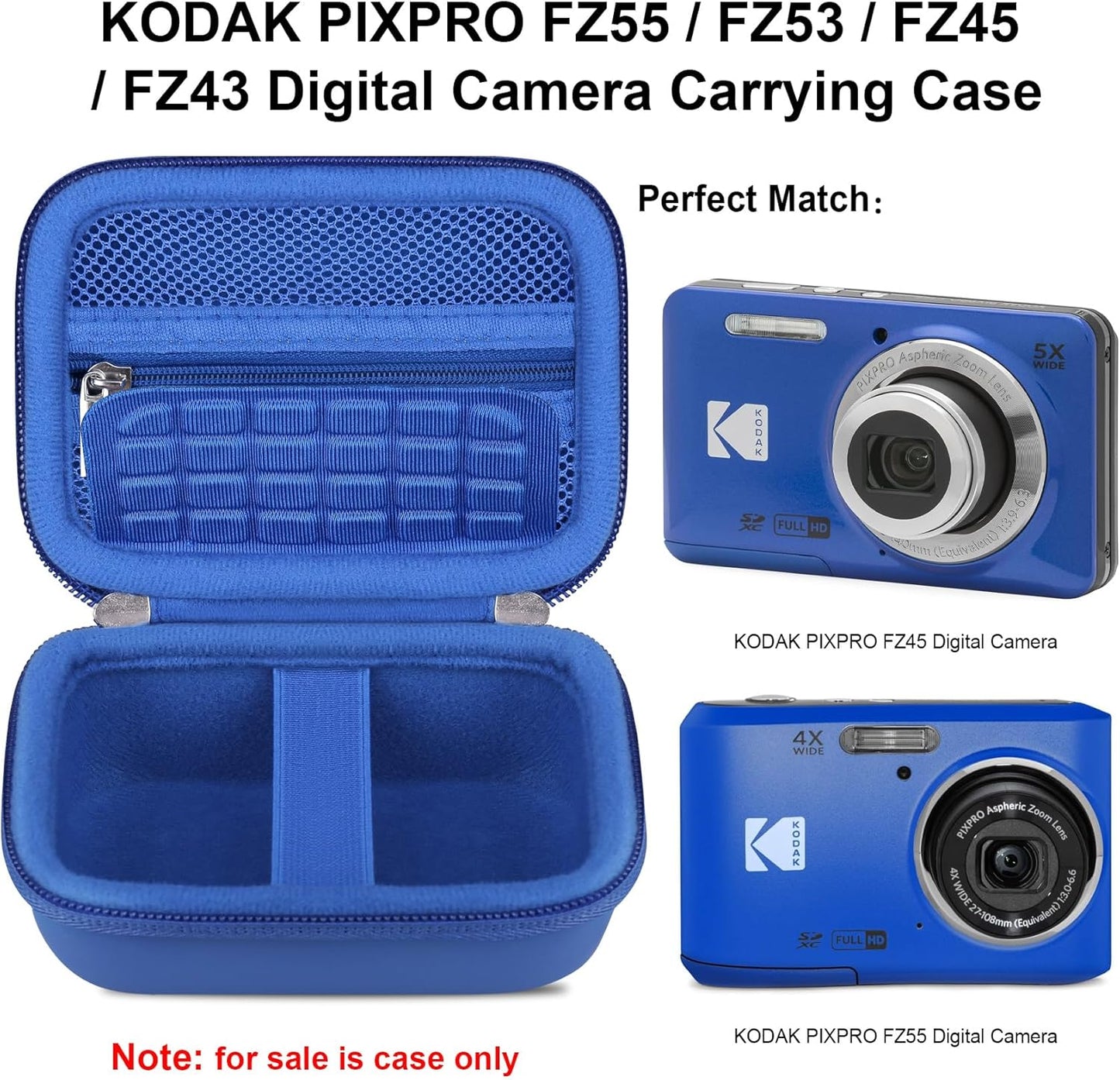 Elonbo Camera Carrying Case for KODAK PIXPRO FZ55 / FZ53 / FZ45 / FZ43 16MP Digital Camera, Vlogging Camera Storage Holder Travel Bag, Mesh Bag Fits Batteries, Cable, Memory Card, Blue
