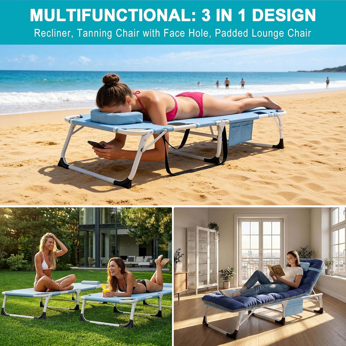 ABORON 3 in 1 Sun Tanning Chair Oversized with Mat&Face Arm Hole, Heavy Duty Folding Chaise Lounge Chairs, 5-Position Outdoor Lounge Chair/Pillow, for Beach, Pool, Lawn, Yard, Patio