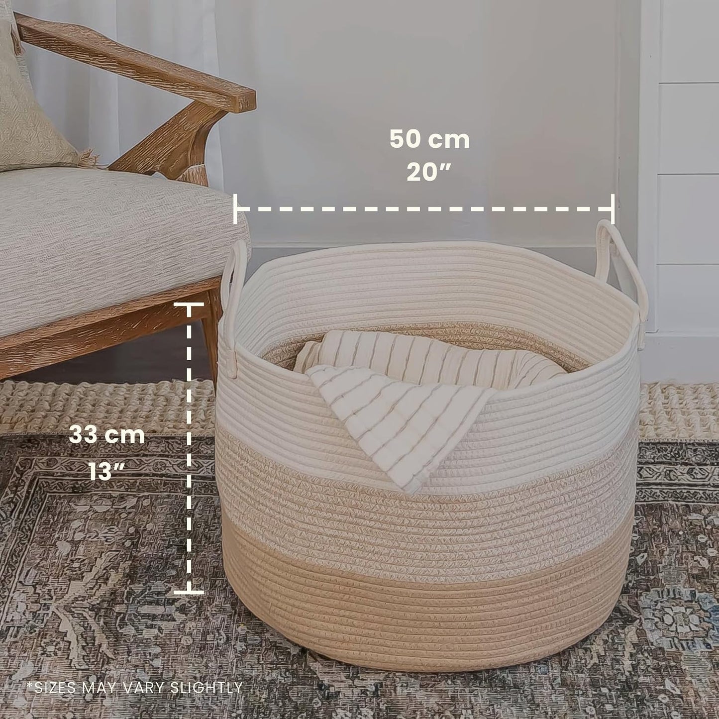 OrganiHaus Round Toy Basket & Blanket Basket, Cotton Rope 20x13" | 3-Toned Honey - Round Cotton Rope Basket, 20x13"