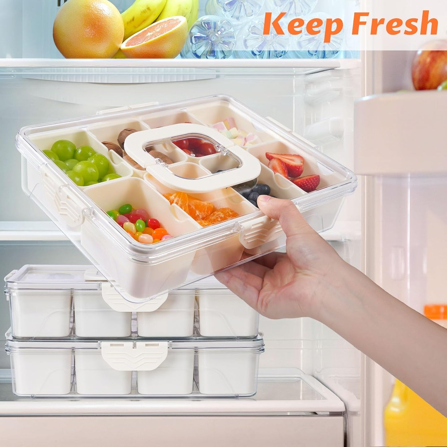 TCHZA Snackle Box Container, Dishwasher Safety - Divided Serving Tray with Lid and Handle, Charcuterie Board for Portable Snack Platters - Clear Organizer for Fruits Snacks,Perfect for Road Travel