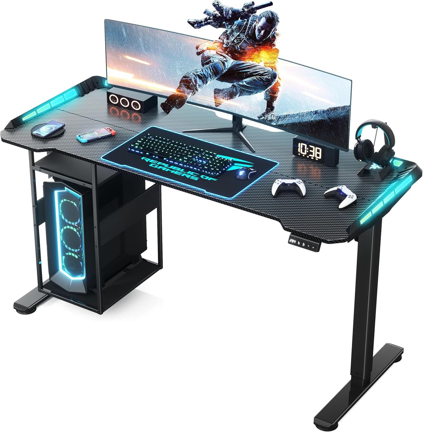 Gaming Standing Desk with LED Lights & Host Shelf, 55" x 24" Gaming Table with Music Sensing APP Control, Underdesk Cable Storage Electric Standing Desk, Black Carbon Fiber PC Table for Home Office