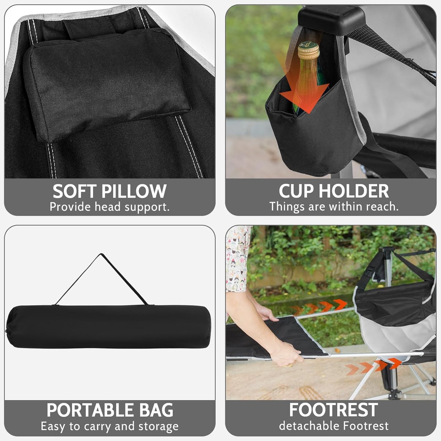 Romswi 2-Pack Aluminum Hammock Chair with Footrest, Oversized Portable Folding Swinging Chair with Adjustable Back & Seat, Lightweight Rocking Camp Chair Supports 440lbs for Outdoor, Patio - Black