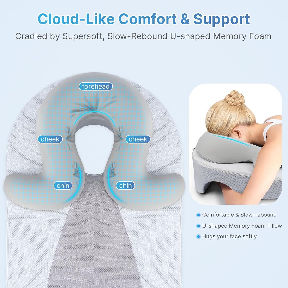 Eye Face Down Pillow Set for Sleeping, BBL, Retinal Surgery Recovery, Soft U-Shaped Memory Foam Stomach Sleeping Prone Pillow with Adjustable Loop for Personalized Comfort, Home Massage Pillows, Grey