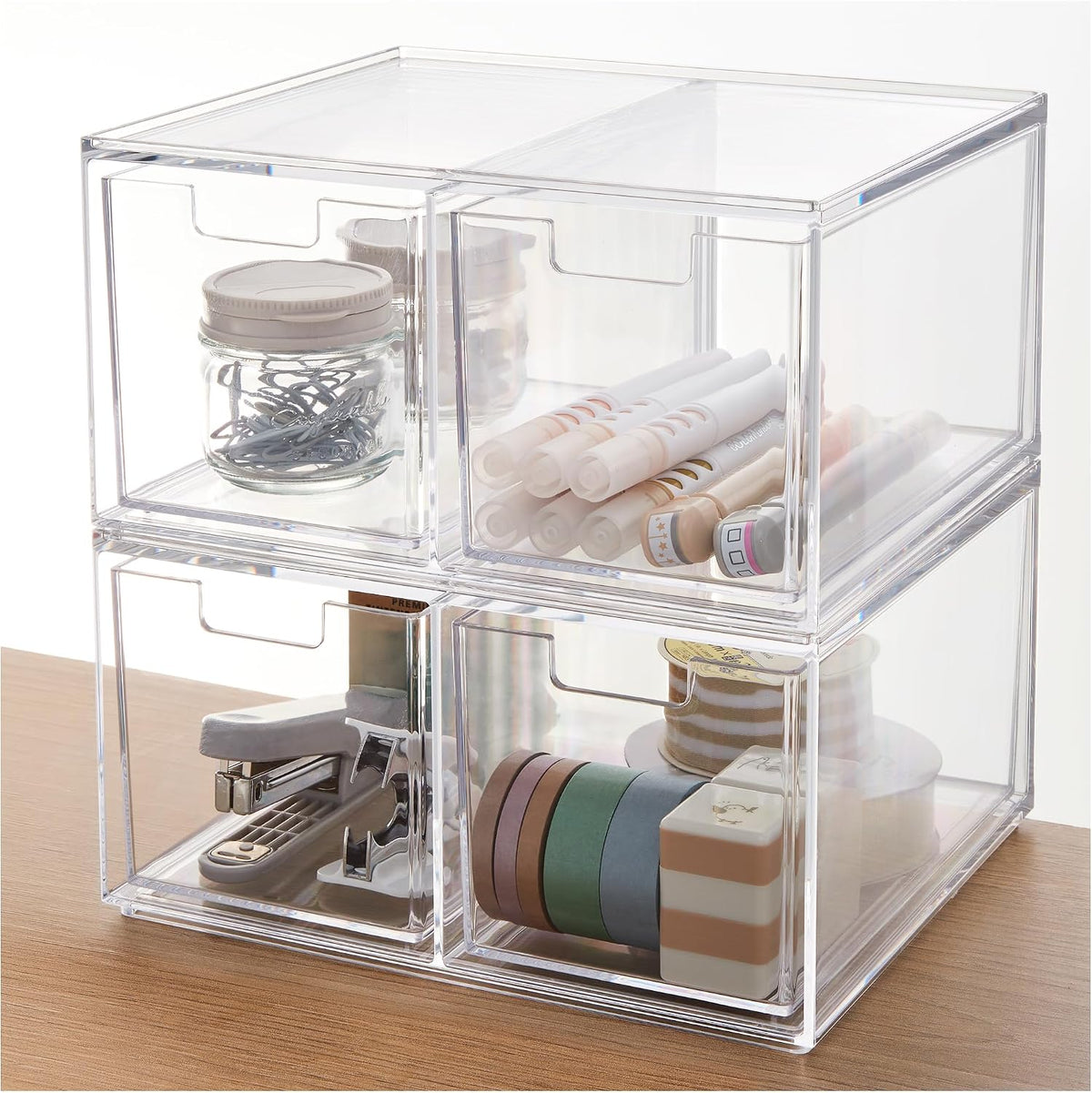 STORi Stackable Desk Organizer drawers, Clear Pen Pencil Makeup Brush drawers for Desktops and Vanities, 4 Tall Drawers (Made in USA)