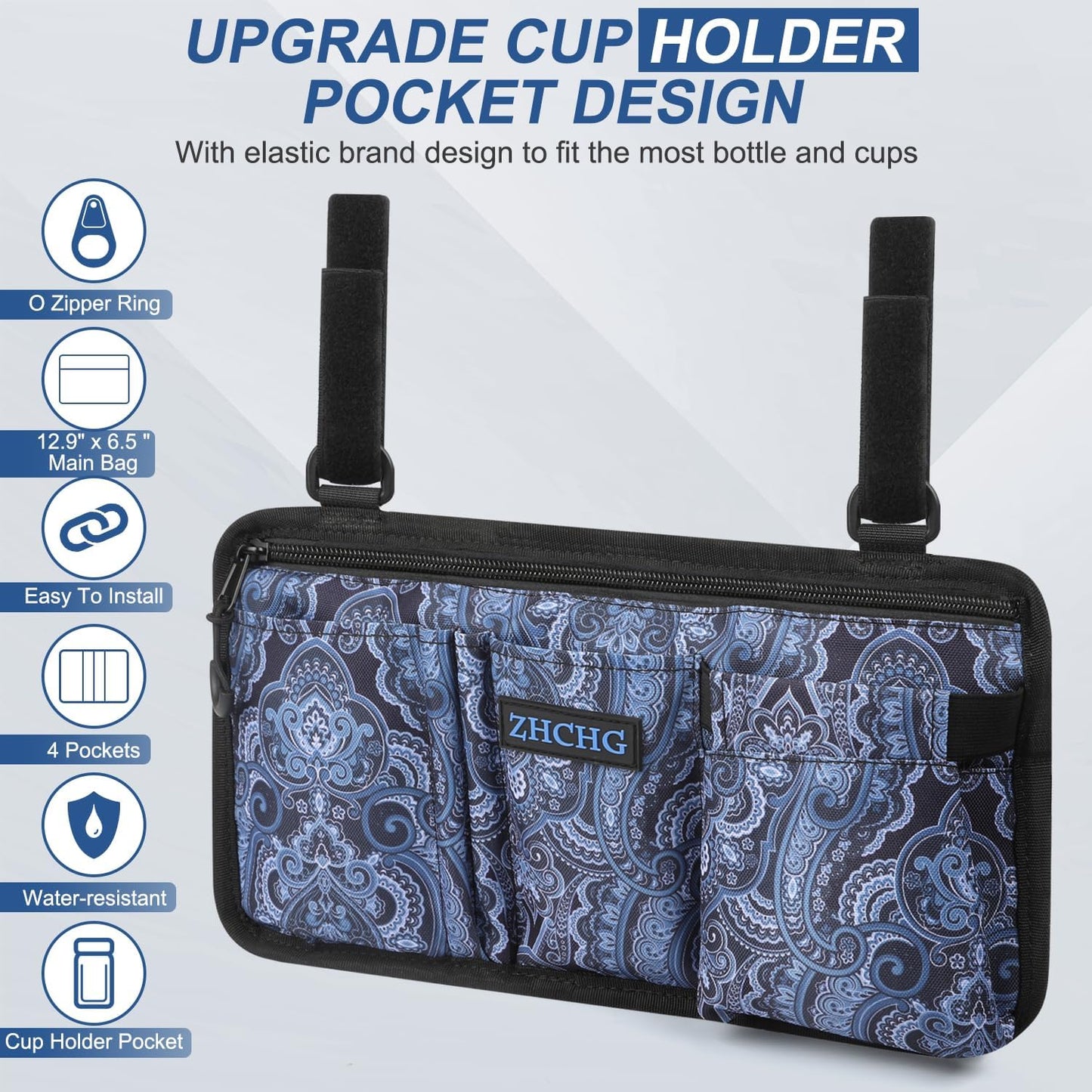 ZHCHG Wheelchair Side Bag with Cup Holder, Wheelchair Armrest Pouch Accessories for Walker, Rollator, Electric Scooter Wheelchairs, Ideal Gift for Mother's Day & Father's Day- Navy