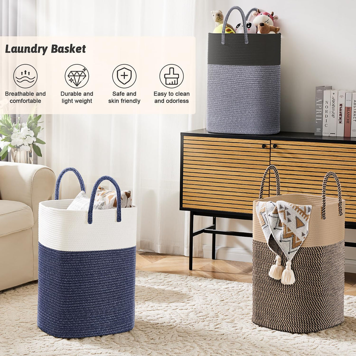 Artfeel Laundry Basket,Woven Cotton Rope Laundry Hamper,80L Versatile Storage for Dirty Clothes,Baby Toys,and Blankets in Bathroom, Nursery,and Living Room